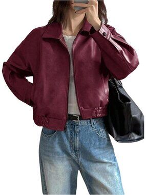 Women's Dark Red Faux Leather Oversized Bomber Motorcycle Jacket Cropped Coat